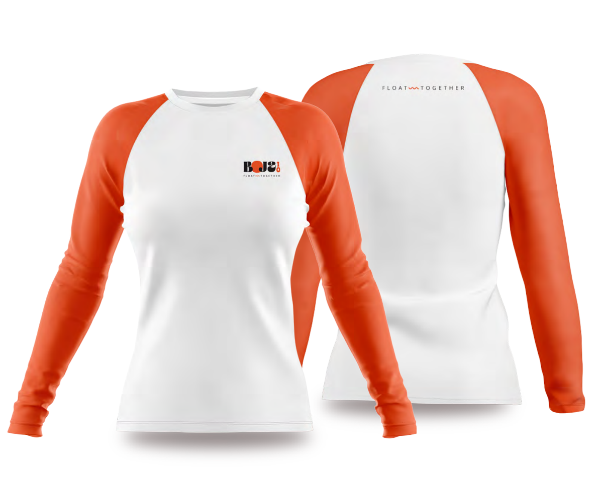Boje10 Rashguard Damen in Weiss und Orange – Vorder- und Rückseite, OCEANR Designvorschau