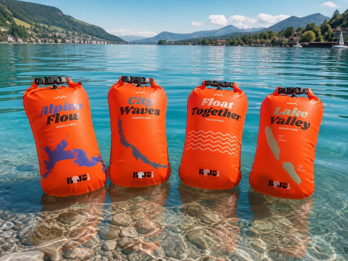 Vier Boje10 Premium Schwimmbojen: Alpine Flow, City Waves, Float Together und Lake Valley