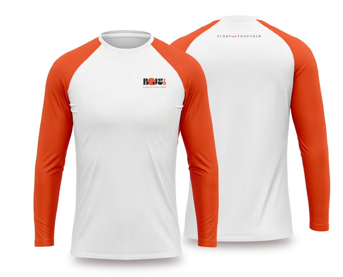 Boje10 Rashguard Herren – OCEANR Muster mit Vorder- und Rückansicht in Weiss und Orange