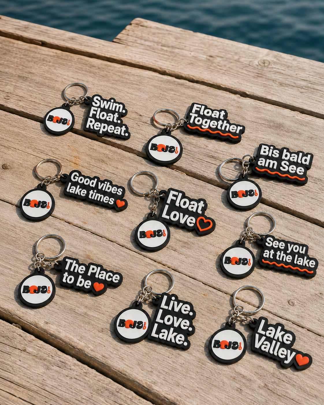 Alle neun Boje10 Lake Life Schlüsselanhänger auf einem Holzsteg
